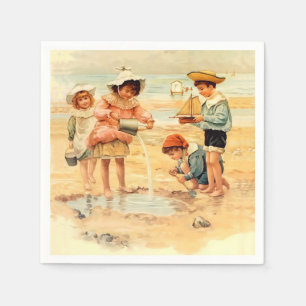 Antike viktorianische Kinder am Strand Fine Art Serviette