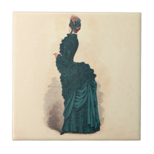 Antike viktorianische Modeplatte: Teal Bustle Klei Fliese