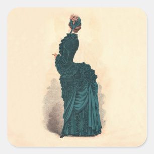 Antike viktorianische Modeplatte: Teal Bustle Klei Quadratischer Aufkleber