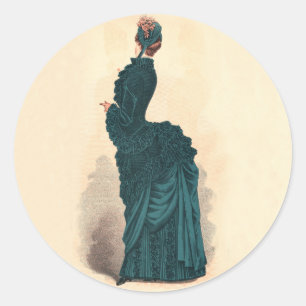 Antike viktorianische Modeplatte: Teal Bustle Klei Runder Aufkleber
