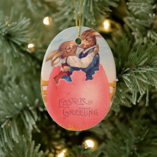 Antike viktorianische Ostergrüße Zwei Hasen küssen Keramik Ornament