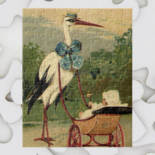 Antike viktorianische Storchen- und Kinderwagengra Puzzle