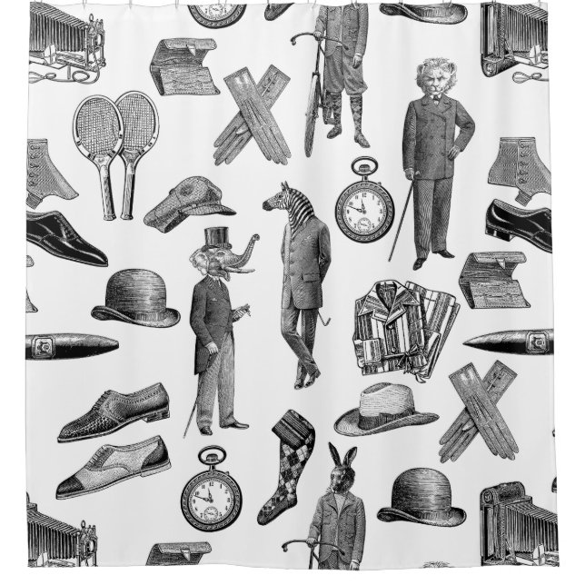 Antike viktorianische Tiere Schwarz-weiße Handwerk Duschvorhang (Vorderseite)