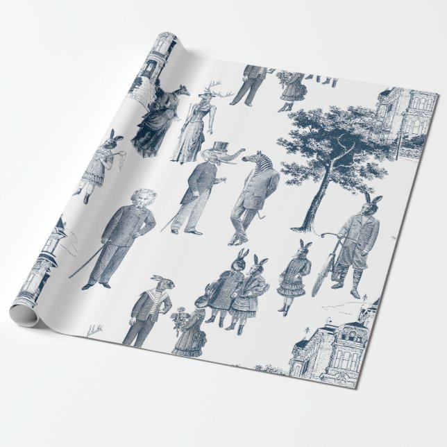 antike viktorianische Tiertoilanthropomorph blau Geschenkpapier (Ungerollt)