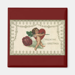 Antike viktorianische Valentinstag-Cherub, Rose un Magnet