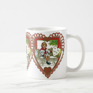 Antike viktorianische Valentinstag, Junge im Herze Tasse