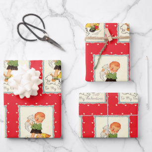 Antike viktorianische Valentinstag Jungen, Katze u Geschenkpapier Set