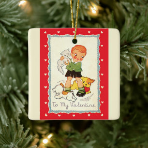 Antike viktorianische Valentinstag-Jungen, Katzen  Keramikornament