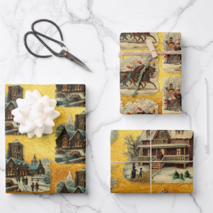 Antike viktorianische Weihnachtsschlittenkirche Al Geschenkpapier Set
