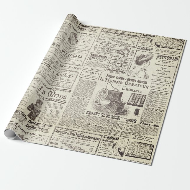 Antike Vintage Beige Französische Werbung Ephemera Geschenkpapier (Ungerollt)