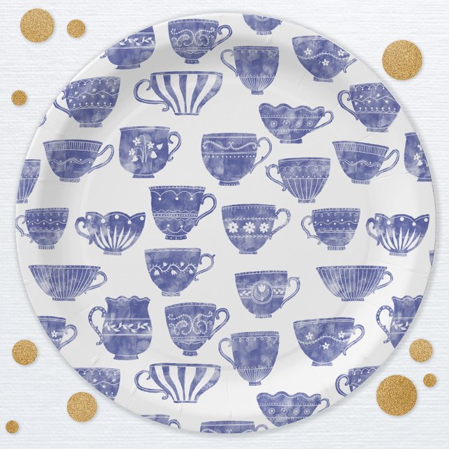 Antike Vintage-Blu Teetasse Aquarell Pappteller (Antique vintage teacup watercolor blue and white pattern tea party themed paper plates)