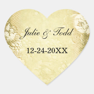 Antike Vintage Goldfloralhochzeit Save the Date Herz-Aufkleber