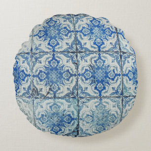 Antike vintage portugiesische Fliesenmuster - Azul Rundes Kissen