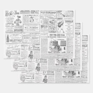 Antike Vintage Schwarz-weiße französische Werbung Geschenkpapier Set