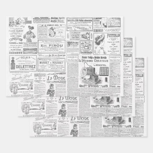 Antike Vintage Schwarz-weiße französische Werbung  Geschenkpapier Set (Set)