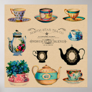 Antike Vintage-Teetasse mit Blumenmuster Poster