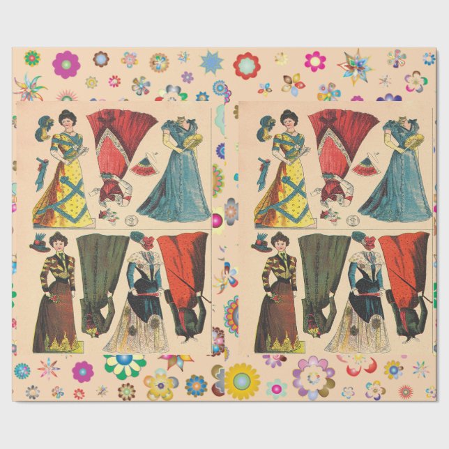 Antike Vintage Viktorianische Papierpuppen mit Kle Geschenkpapier (Saum)