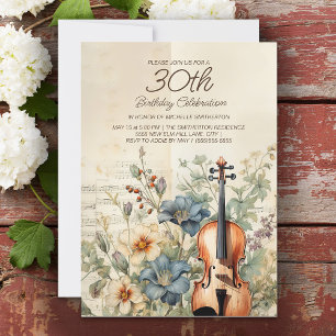Antike Violine Staubblaue Blumen 30. Geburtstag Einladung