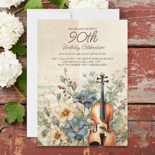Antike Violine Staubblaue Blumen 90. Geburtstag Einladung
