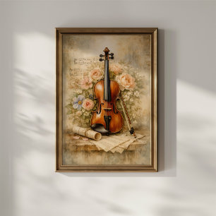 Antike Violinen-Blumenkomposition Poster