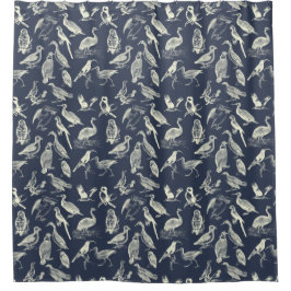 Antike Vögel Illustrationen Gravuren Cream Navy Duschvorhang