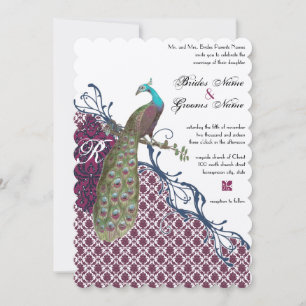 Antike Vögel Navy Deep Raspberry Damast Hochzeit Einladung