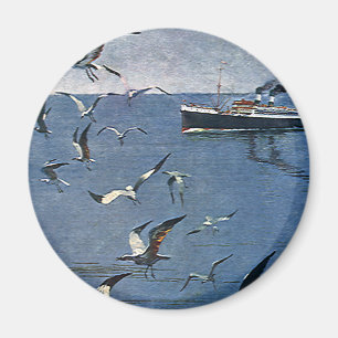Antike Vögel Tiere, Möwen und Fischerboote Magnet