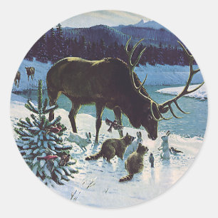Antike Waldtiere und Elche im Winterschnee Runder Aufkleber