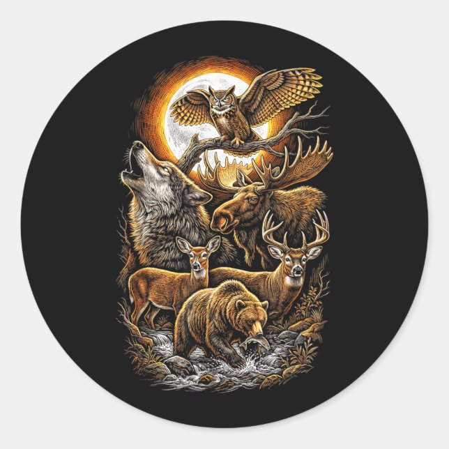 Antike Waldwildtiere Wolf Elch Hirsch Eule Runder Aufkleber (Vorderseite)