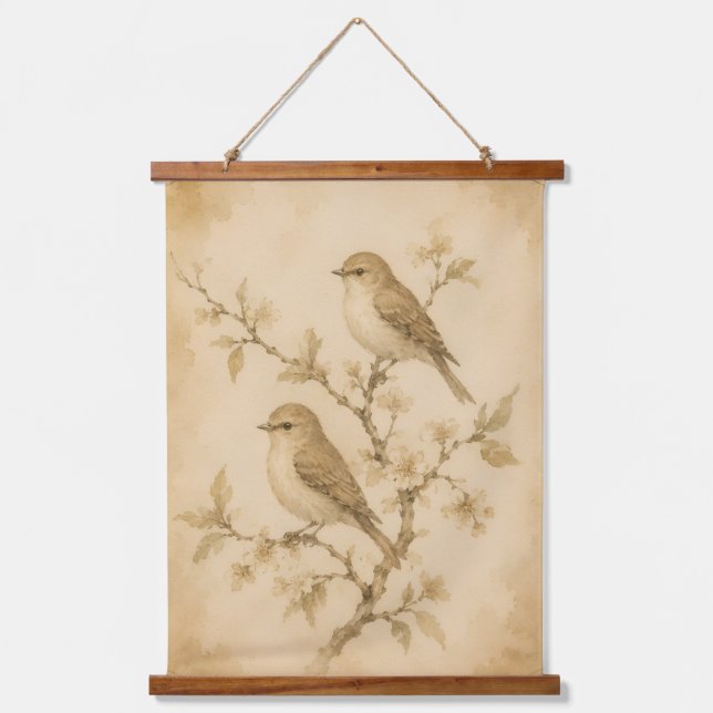 Antike Wasserfarben-Vögel Botanischer Wandteppich Mit Holzrahmen (Vorderseite)