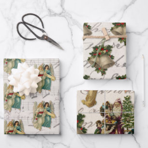 Antike Weihnachtsengel Glocken Santa Kinder Geschenkpapier Set