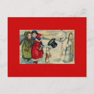 Antike Weihnachtskarte im roten Hintergrund Postka Feiertagspostkarte