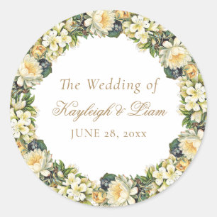 Antike weiße florale Goldschrift Hochzeit Runder Aufkleber