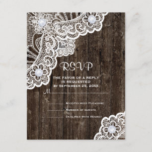 Antike weiße Spitze auf altem Holz Hochzeit RSVP Karte