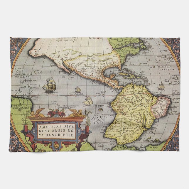 Antike Weltkarte Amerikas von Abraham Ortelius Küchentuch (Horizontal)