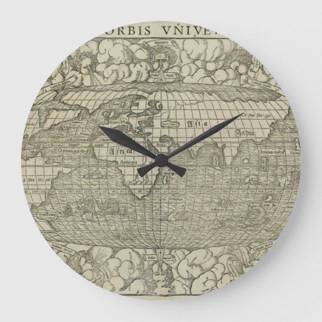Antike Weltkarte durch Sebastian Münster circa 156 Große Wanduhr (Vorderseite)