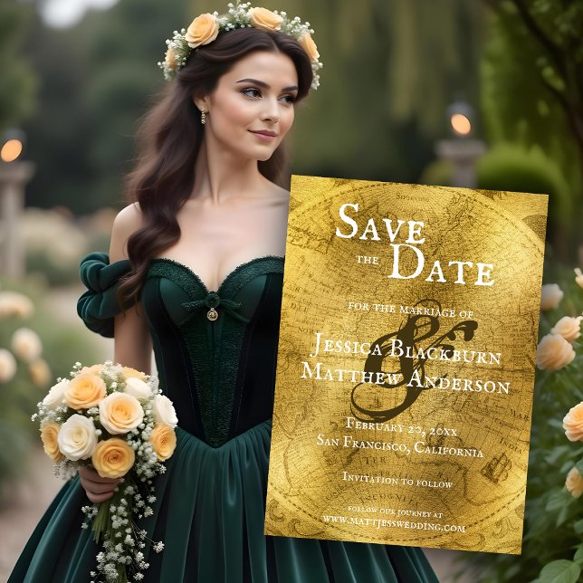 Antike Weltkarte Golden Tor Save The Date (Antique World Map Golden Save The Date. Model is AI Gen.)