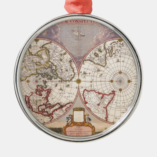 Antike Weltkarte Silbernes Ornament (Vorne)