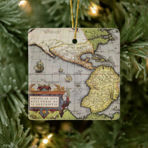 Antike Weltkarte von Amerika, 1570 Keramikornament