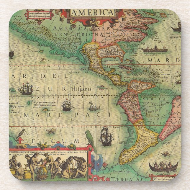 Antike Weltkarte von Amerika, 1606 Getränkeuntersetzer (Vorderseite)
