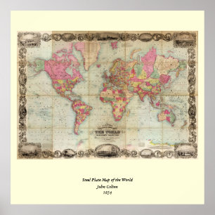 Antike Weltkarte von John Colton, ca. 1854 Poster