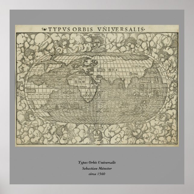 Antike Weltkarte von Sebastian Münster um 1560 Poster (Vorne)