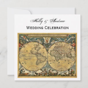 Antike Weltkarte, weiße BG Hochzeit Einladung