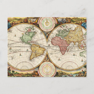 Antike Weltkarte Zwei Hemisphären Seltene Vintage- Postkarte