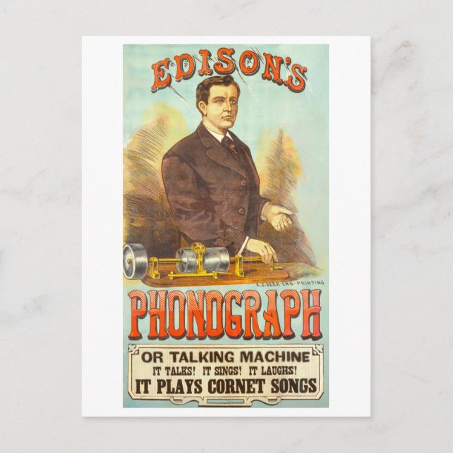 Antike Werbung für Edisons Phonograph Postkarte (Vorderseite)