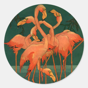 Antike wilde Tiervögel, tropische rosa Flamingos Runder Aufkleber