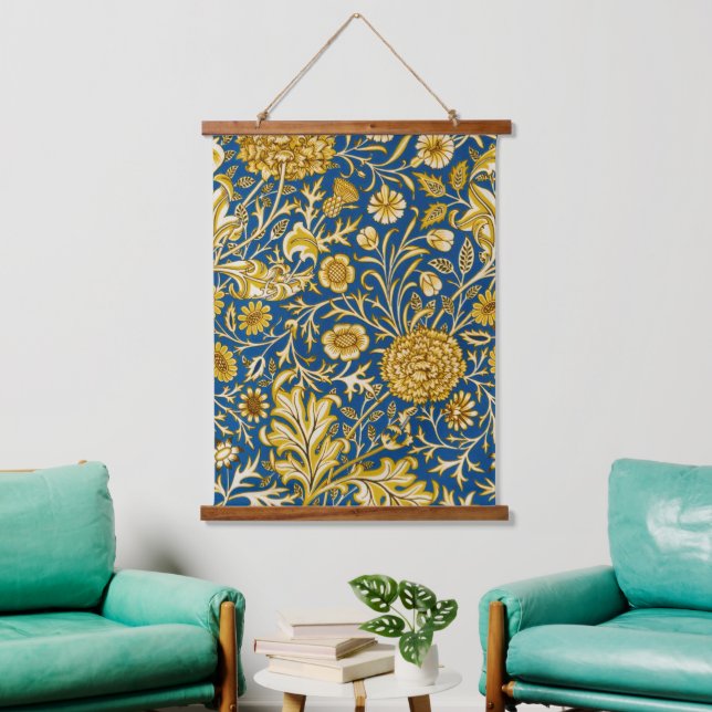 Antike William Morris Cherwell Blue Blumenkunst Wandteppich Mit Holzrahmen (Wohnzimmer)