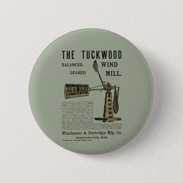 Antike Windmühle Das Tuckwood Whitewater Wis 1889 Button (Vorderseite)