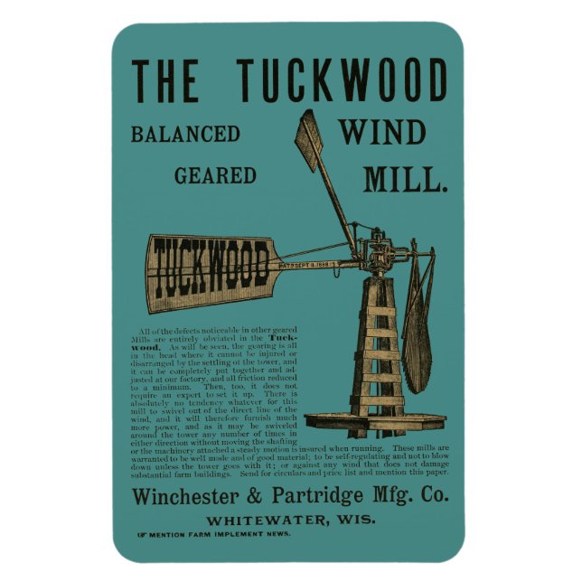 Antike Windmühle Das Tuckwood Whitewater Wis 1889 Magnet (Vertikal)