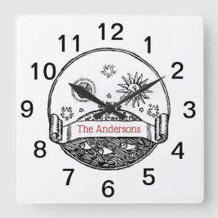 Antike Zeichnung von Sonne Mond Sternen Ozean Plan Quadratische Wanduhr